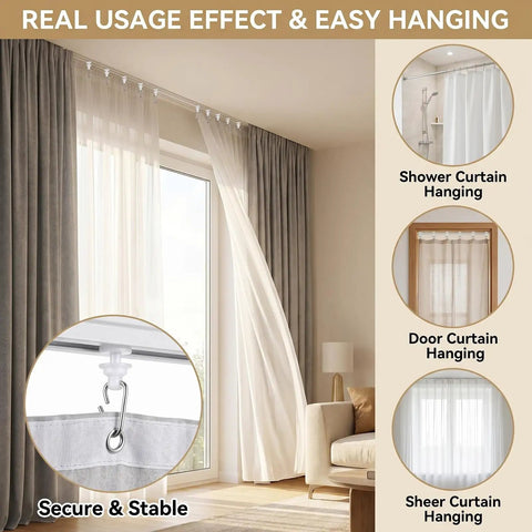 Image of curtains with 100 Pack Curtain Track Hooks And Gliders Set With 50 White Plastic Rollers And 50 Metal S Hooks for home and shower use.