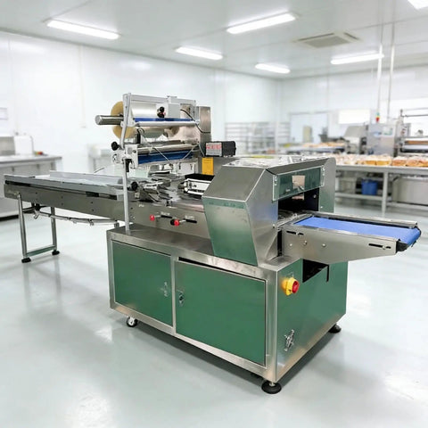 Sleek Compact Horizontal Flow Wrapper Shrink Wrap Sealer Featuring Dead Simple Setup And No Sweat Operation Packing Fifty To Eighty Units Per Minute For Deli Shops And Fresh Markets in a clean environment.