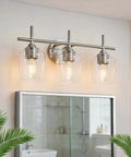 Slick 3 Light Modern Bathroom Vanity Light Fixtures Over Mirror With Clear Glass Shade Nickel Brushed Finish Wall Sconce Lamp