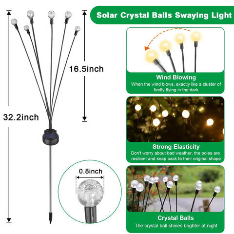 Diagram showing 32.2-inch Solar Firefly Lights Outdoor Waterproof with Crystal Ball Swaying Design and wind-responsive features.