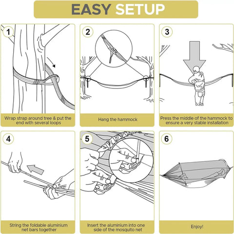 Camping Hammock Tent With Mosquito Net easy setup steps, showing how to hang and secure with tree straps, aluminum bars, and netting.