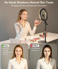 Woman using 10.5 Inch Ring Light Desk Kit with Magnetic Phone Holder, 30 Lighting Modes, for video calls and content creation.