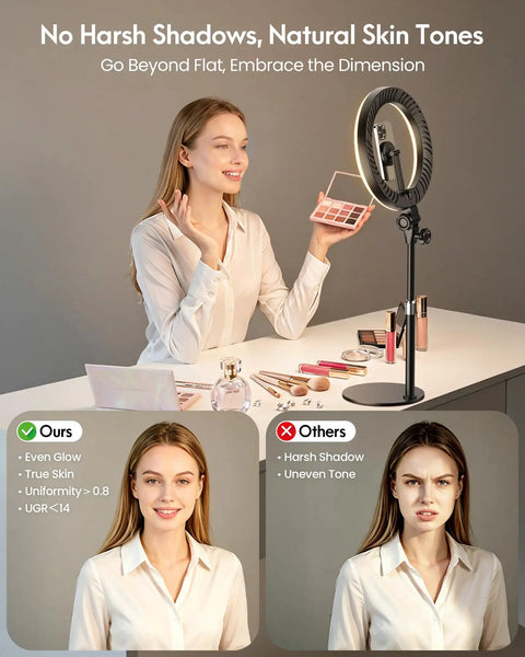 Woman using 10.5 Inch Ring Light Desk Kit with Magnetic Phone Holder, 30 Lighting Modes, for video calls and content creation.