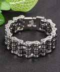 Men's 316L Stainless Steel Chain Bracelet In Silver Black Finish For Gearheads And Riders on black background