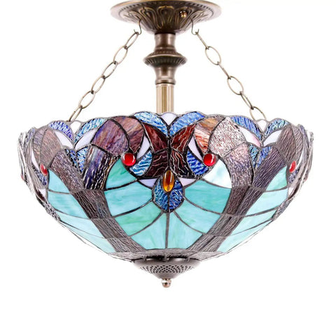 Green Liaison Tiffany Style Stained Glass Ceiling Light Fixture Semi Flush Mount Lamp With 16 Inch Shade And 15 Inch Height