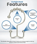 Double Glide Shower Curtain Hooks Set Of 12 Stainless Steel Rust Proof Nickel Finish with features and labels