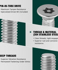 Close-up view of Built Different 304 Stainless Steel Security Torx Screws highlighting pin-in-Torx drive and deep threads.