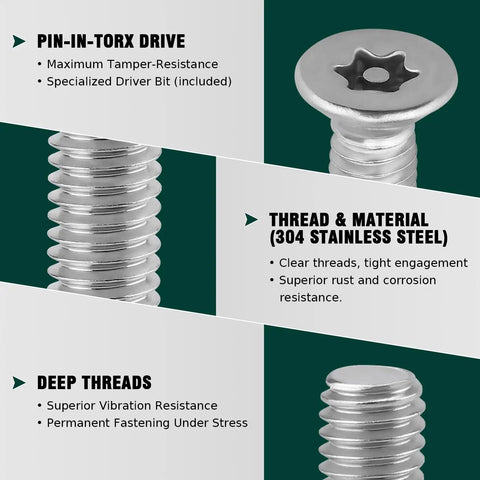 Close-up view of Built Different 304 Stainless Steel Security Torx Screws highlighting pin-in-Torx drive and deep threads.