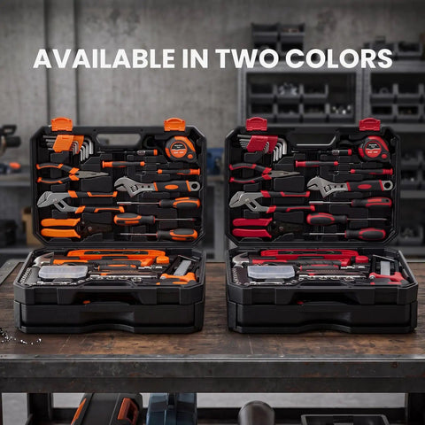 330 Piece Home Repair Tool Kit With Pull Out Drawer For Easy Access Carbon And Cr V Steel Tools in orange and red toolboxes