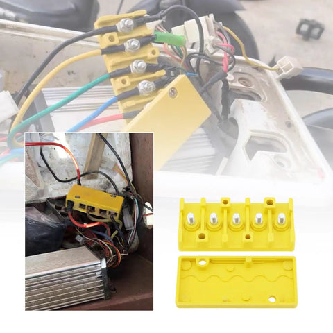 Two Pack Five Pole Junction Box For Electric Bicycle Motor Controller showcasing yellow resin enclosure and wiring setup