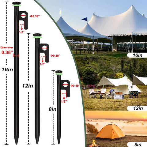 Heavy Duty Tent Stake Set 20 Pcs 16 Inch Forged Steel Stakes 0.35 Inch Diameter for versatile outdoor use shown with tents