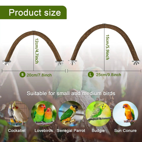 Natural Wood U Shaped Bird Perches For House Cage 2 Pack, size measurements for small to medium birds.