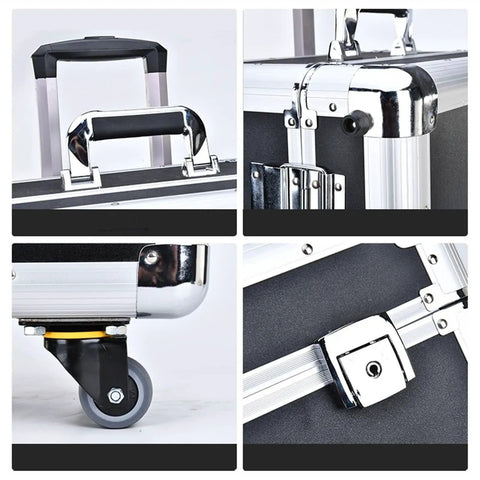 Heavy Duty Rolling Tool Box With Wheels And Telescoping Handle For Easy Transport Portable Storage Chest With Removable Bulkhead Organizer Built To Haul Big Jobs details including handle, corner brackets, wheel, and latch.