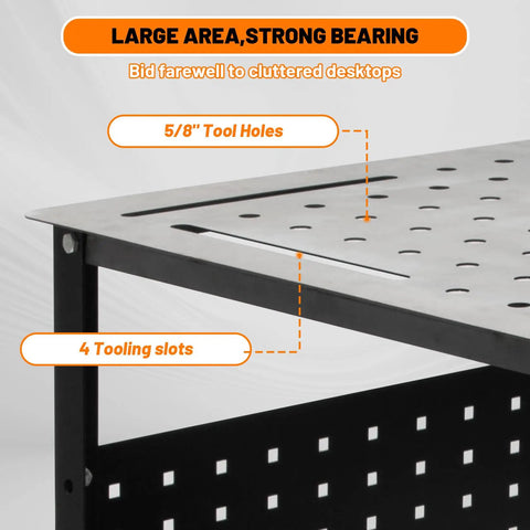 Close-up of Heavy Duty Welding Table 36x24 Inch Portable Carbon Steel Workbench with perforated top and tooling slots.