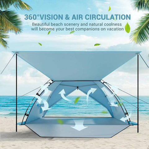 CumbreX Beach Tent Sun Shelter With Built In Canopy Pop Up 4 To 5 Person Beach Cabana in sky blue on sandy beach