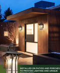 Dope Industrial Style Outdoor Wall Sconce Light With Seeded Glass mounted on house exterior at night, black finish