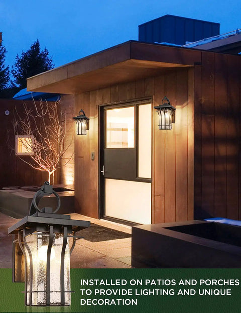 Dope Industrial Style Outdoor Wall Sconce Light With Seeded Glass mounted on house exterior at night, black finish