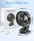 Clip On Portable Fan For Strollers And Cars With USB C Rechargeable 5200 mAh Battery shown with packaging, USB cable, and dimensions