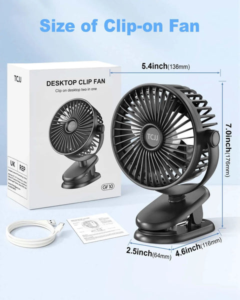 Clip On Portable Fan For Strollers And Cars With USB C Rechargeable 5200 mAh Battery shown with packaging, USB cable, and dimensions