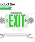 Front view of Green Led Exit Sign Emergency Light Combo With Adjustable Two Head Units Double Sided Battery Backup, dimensions shown.