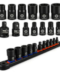 Pro Grade E Torx Socket Set 13 Piece External Kit with rail, E4 to E20 sockets, 2 impact adapters, heavy duty chrome vanadium