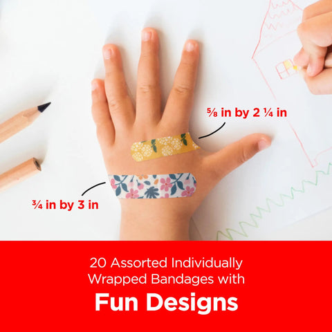 Child's hand with two decorative adhesive bandages in assorted sizes from Totally Kid Approved Marvel Themed Bandages For Minor Scrapes And Cuts.