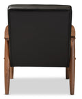 Back view of Mid Century Lounge Chair With Wood Frame In Dark Walnut Finish, Button Tufted Cushions With Piping, Removable Cushions And Seat Stoppers