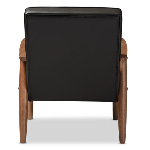 Back view of Mid Century Lounge Chair With Wood Frame In Dark Walnut Finish, Button Tufted Cushions With Piping, Removable Cushions And Seat Stoppers