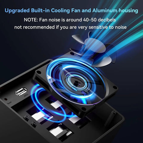 Super Solid Four Bay Hard Drive Enclosure With Built In Cooling Fan For 2.5 And 3.5 Inch Sata Ssd Or Hdd, showing cooling fan and aluminum housing.