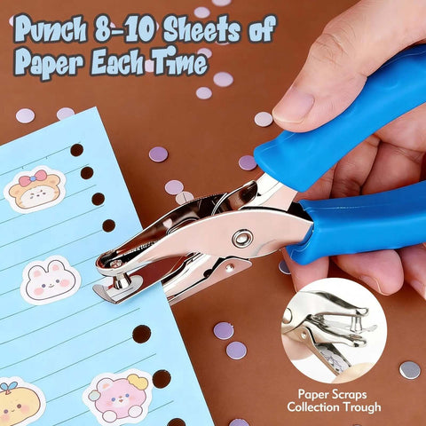 Person using Adjustable Handheld Circle Hole Punch for Crafts and Scrapbooks with Blue Soft Grip on sheet of paper