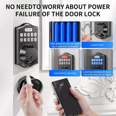 Image showcasing Keypad Deadbolt Front Door Lock With AI Fingerprint Unlock In 0.3 Seconds And 100 Fingerprints 100 Passcodes Quick 15 Minute DIY Install No Drilling Required Auto Lock Weatherproof Keyless Entry Smart Electronic Door Lock With Handle Set For Families, featuring battery, key options, and USB charger.