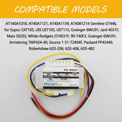 24V AC Transformer For HVAC Systems, Primary 120 208 240V To 24V Secondary, compatible models list on product label.
