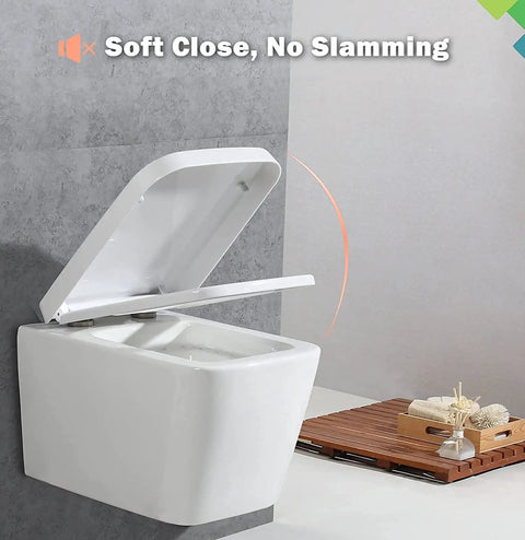 White Soft Close Toilet Seat Featuring Quick Release And Adjustable Top Mount Hinges smooth lid partially open, wall-mounted design.
