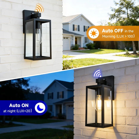 Built Like A Tank Dusk To Dawn Outdoor Wall Light 13 Inch Waterproof Sconce With Smart Sensor mounted on white brick.
