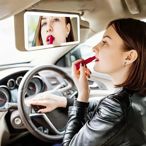 Woman applying lipstick using Sun Visor Vanity Mirror With 60 LEDs And 3 Light Modes, Rechargeable Dimmable Touch Screen Travel Makeup Mirror