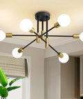 Kickass Modern Sputnik Chandelier Ceiling Light Fixture With Six Bulbs For Dining Rooms, six-arm design with matte black and gold finish.