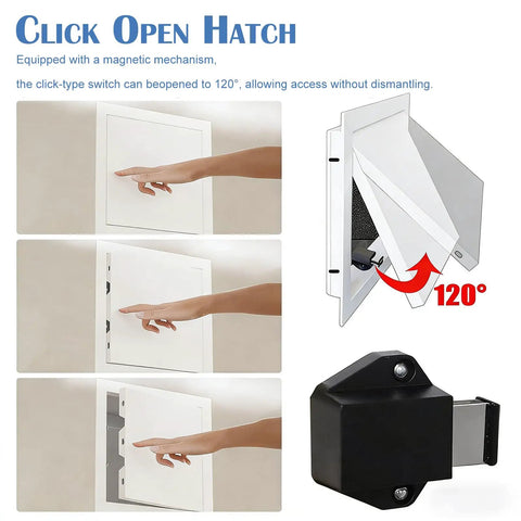 Top Tier 16 By 32 Inch Galvanized Steel Access Panel With A Slick Push To Open Track For No Sweat Drywall And Ceiling Pipe Fixes In Crisp White, showing click open hatch mechanism.