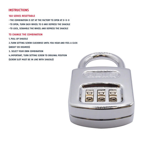 All Weather Chrome 3 Dial Combination Padlock With Resettable Lock displayed with instructions