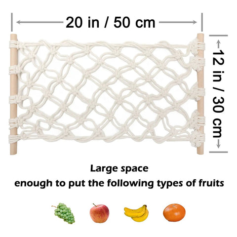 Hand-Woven Cotton Fruit Hammock With Hooks For Under-Cabinet Kitchen Storage, rectangle design, 20 x 12 inches