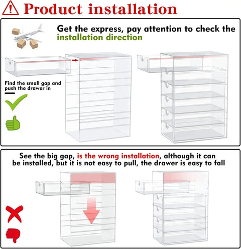 Product installation guide for Super Clean 4 Pack Clear Acrylic Desk Organizers Holding 16 Drawers To Sort Makeup Stash.