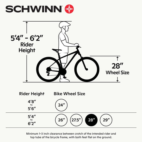 Diagram of All-Terrain Go-To Hybrid Bike With 700c Wheels 21-Speed Gearing showing rider height and wheel sizes for different models.