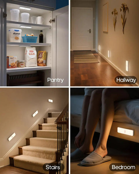 Installed Five Pack 6 Inch Wireless Under Cabinet Lights Rechargeable LED Motion Sensor Lights With 3 CCT Dimmable Stick On