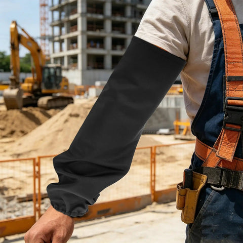 Heavy Duty Fireproof Welding Sleeves Heat Resistant Arm Guards Tough As Nails worn by worker at construction site