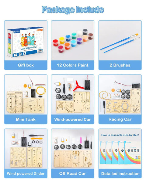Package contents of Five In One STEM Car Kit Set For Kids Ages 8 To 12 Wooden 3D Puzzle Model Cars with paints and brushes.