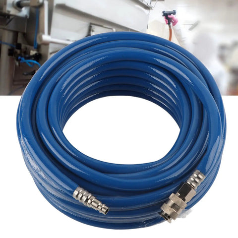Flexible Blue PVC Pneumatic Air Hose Heavy Duty For Compressors With One Quarter Inch Mnpt Quick Connector 9.5 mm 15 Meter 3 Layer High Pressure 20 Bar Anti Kink No BS Stuff That Really Works Well On Site Today coiled with fittings