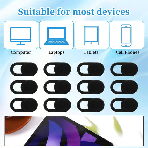 50 Pack Ultra Slim Webcam Covers Universal Laptop Phone Tablet Camera Slider Blocker displayed for various devices.