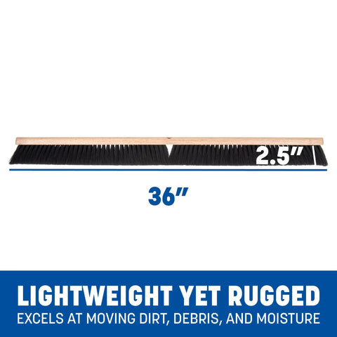 Built Like A Tank Heavy Duty Floor Broom Brush With Natural Tampico Coarse Bristles For Sweeping Heavy Debris On Rough Concrete Driveways Patio Thirty Six Inch Long Black Industrial Design with 36 inch length and 2.5 inch bristle height.