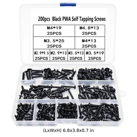 All In One Self Tapping Screw Set With 8 Sizes M2.9 To M4.8 And Washer Head Carbon Steel Screws For Auto Body, Sheet Metal, Furniture, And DIY Repairs 200 Pcs Beefy Heavy Duty Kit in organizer