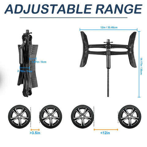 X Shaped Heavy Duty Wheel Stabilizer For Travel Trailers Campers And RVs Adjustable 3.5 To 12 Inch with dimensions shown