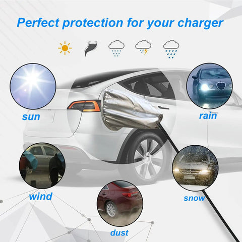 No Fuss Magnetic Ev Charger Rain Cover Waterproof Snowproof Sun Shield For Universal Stations Rock Solid Cable Protector Quick Snap Install shown on car, protecting charger from sun, rain, snow, and wind.